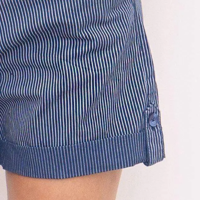 M&S Striped Cotton Mid Waist Roll Hem Blue Chino Casual Relaxed Shorts