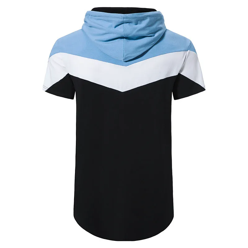 Men Patchwork Short Sleeves Drawstring Hoody T-Shirt