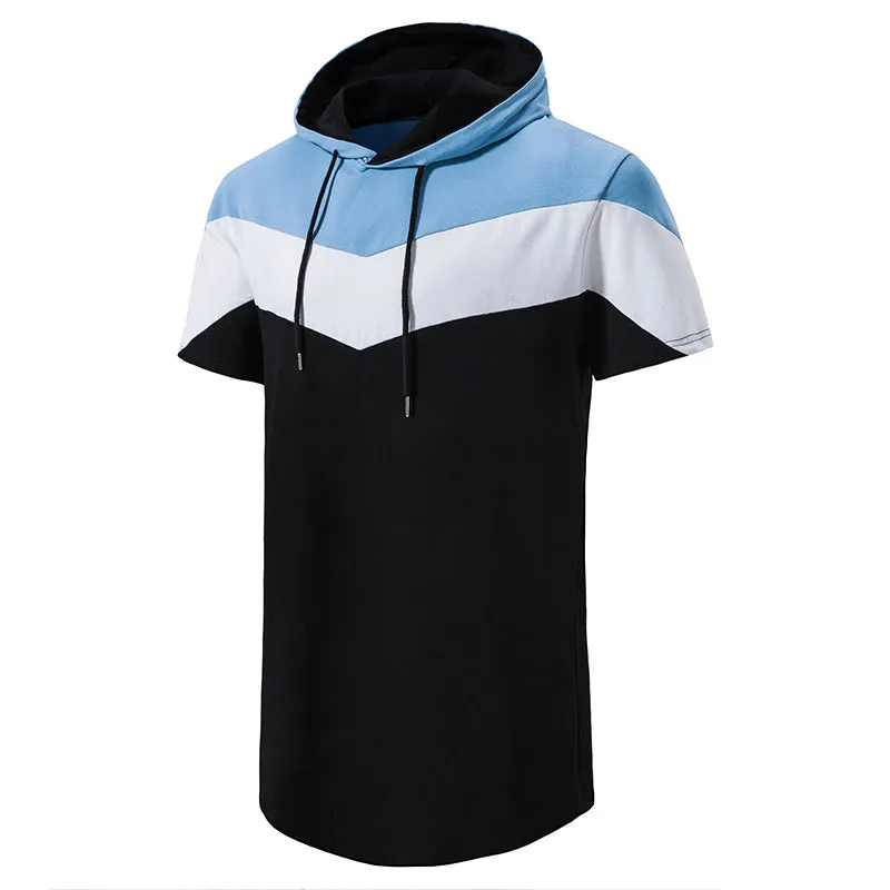 Men Patchwork Short Sleeves Drawstring Hoody T-Shirt