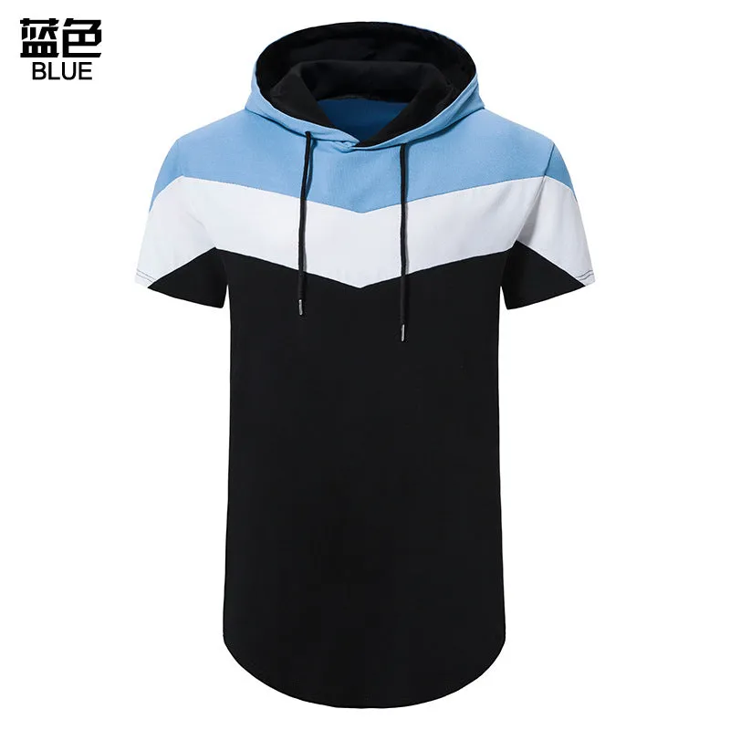 Men Patchwork Short Sleeves Drawstring Hoody T-Shirt