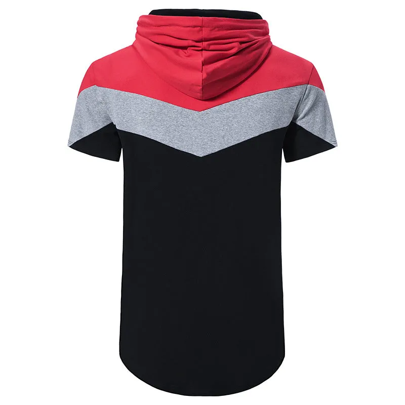 Men Patchwork Short Sleeves Drawstring Hoody T-Shirt