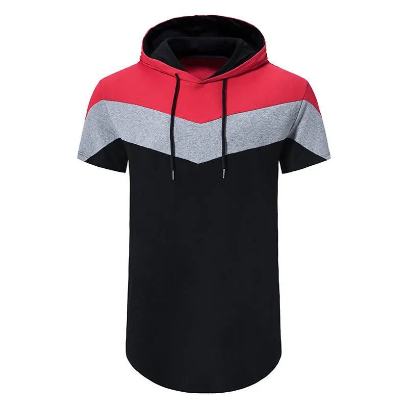 Men Patchwork Short Sleeves Drawstring Hoody T-Shirt