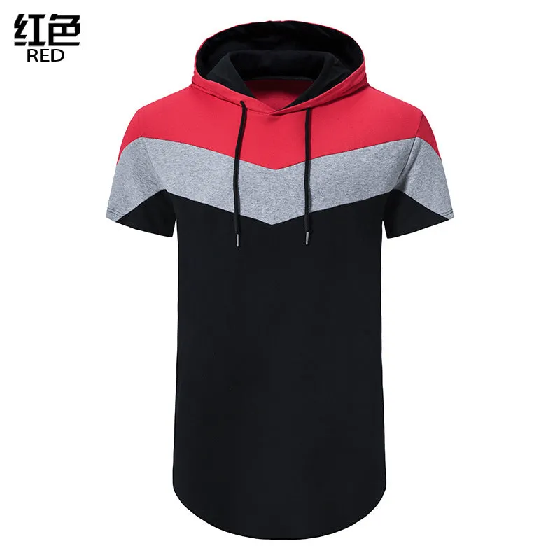 Men Patchwork Short Sleeves Drawstring Hoody T-Shirt