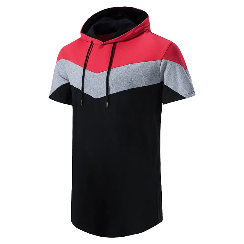 Men Patchwork Short Sleeves Drawstring Hoody T-Shirt