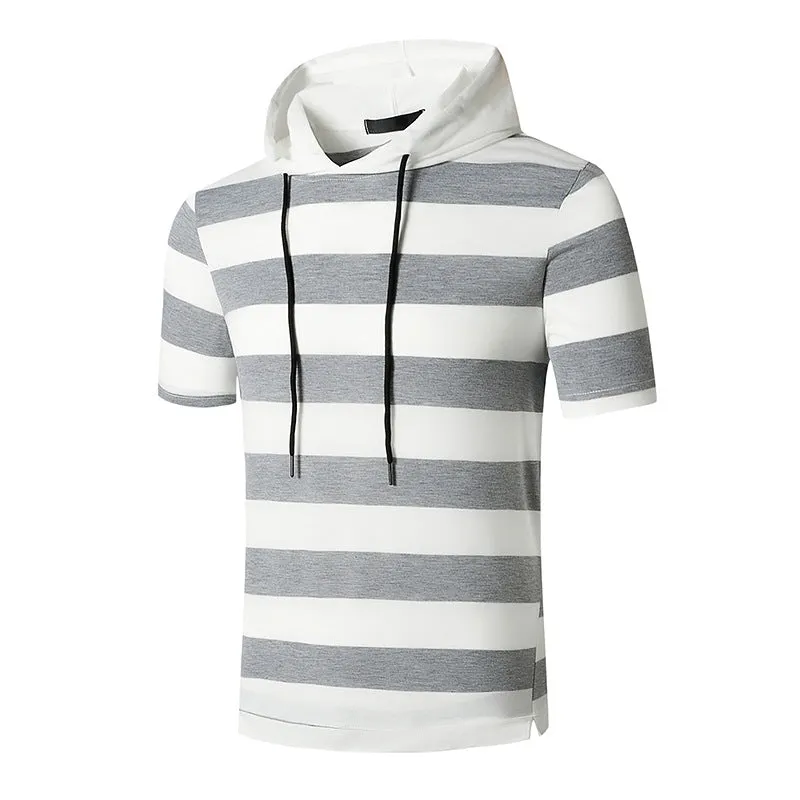 Men Slim Short Sleeves Stripes Drawstring Hoody T-Shirt