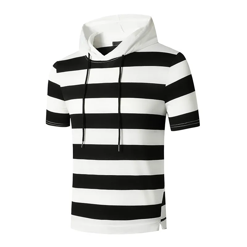 Men Slim Short Sleeves Stripes Drawstring Hoody T-Shirt