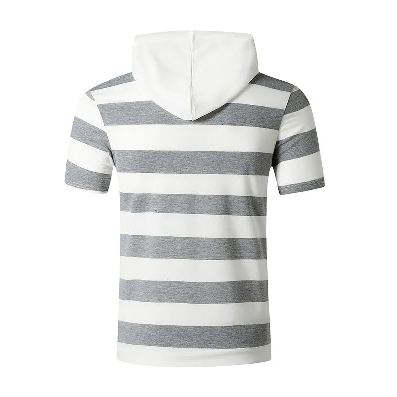 Men Slim Short Sleeves Stripes Drawstring Hoody T-Shirt