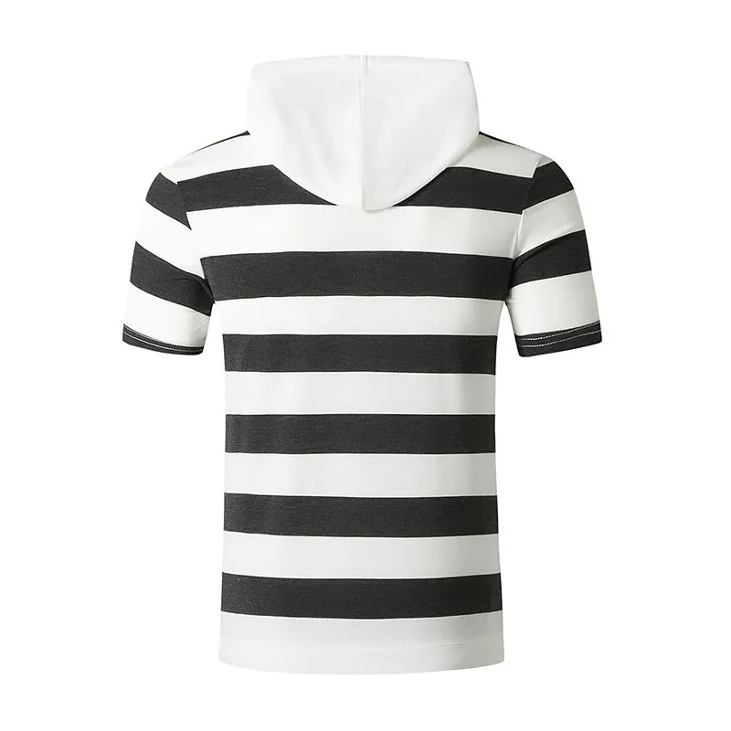 Men Slim Short Sleeves Stripes Drawstring Hoody T-Shirt