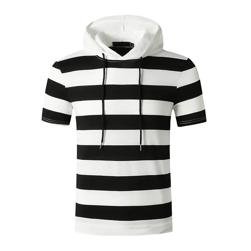 Men Slim Short Sleeves Stripes Drawstring Hoody T-Shirt