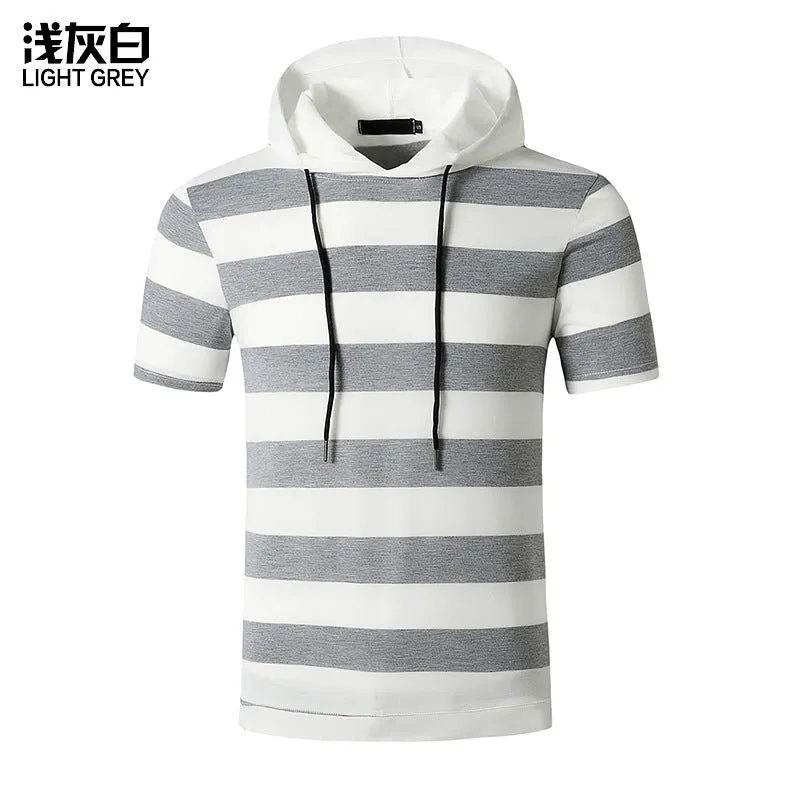 Men Slim Short Sleeves Stripes Drawstring Hoody T-Shirt