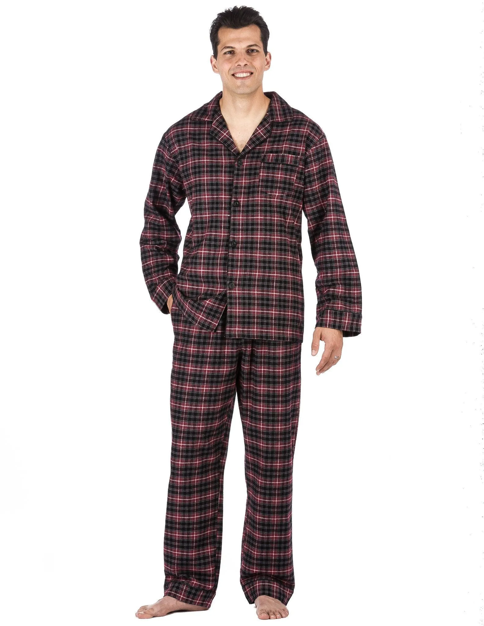 Men's Premium 100% Cotton Flannel Pajama Sleepwear Set - Burgundy/Grey Plaid