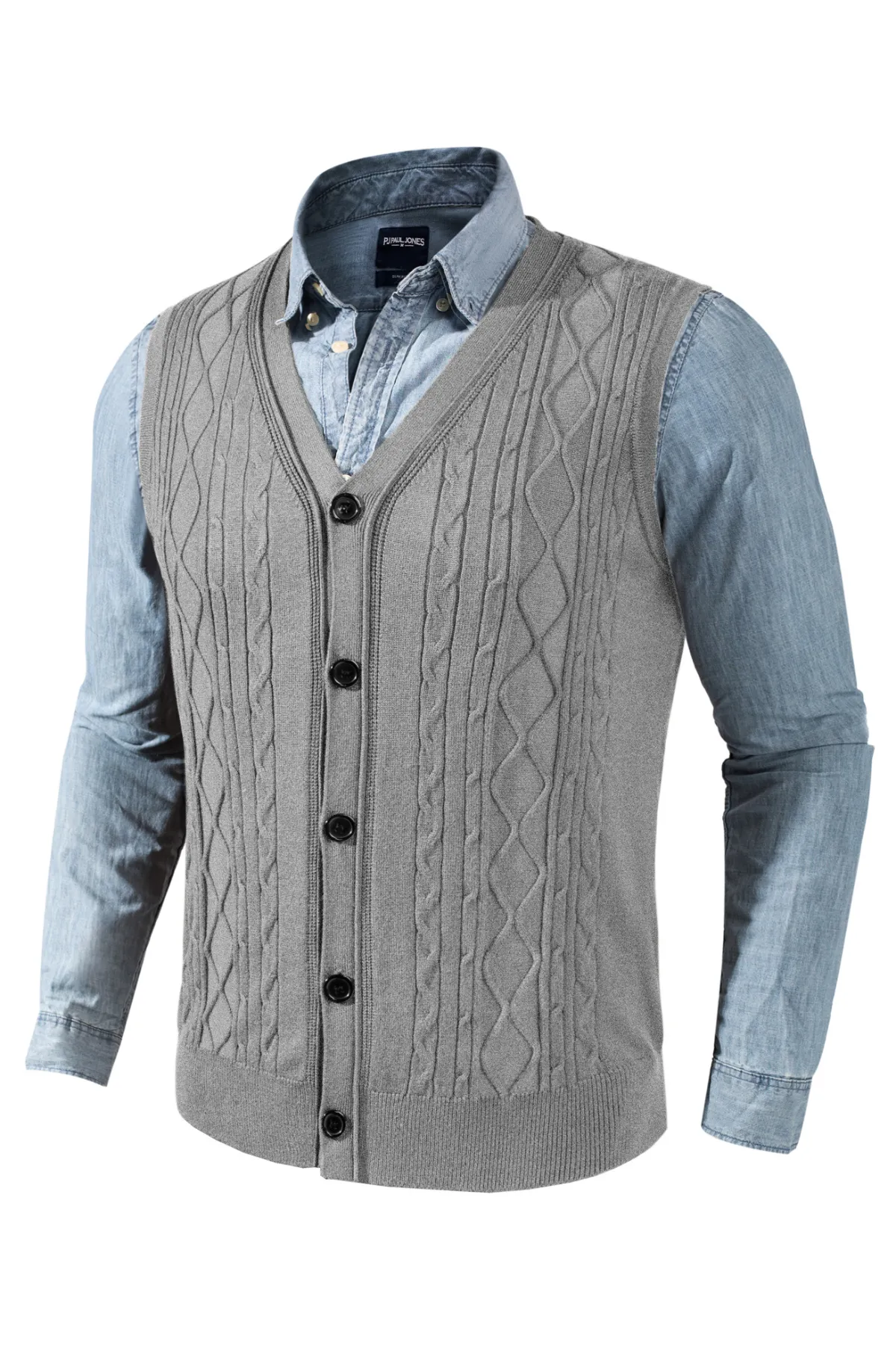 Mens V-Neck Sweater Vest Cable Knitted Button-Up Sleeveless Cardigan Vest