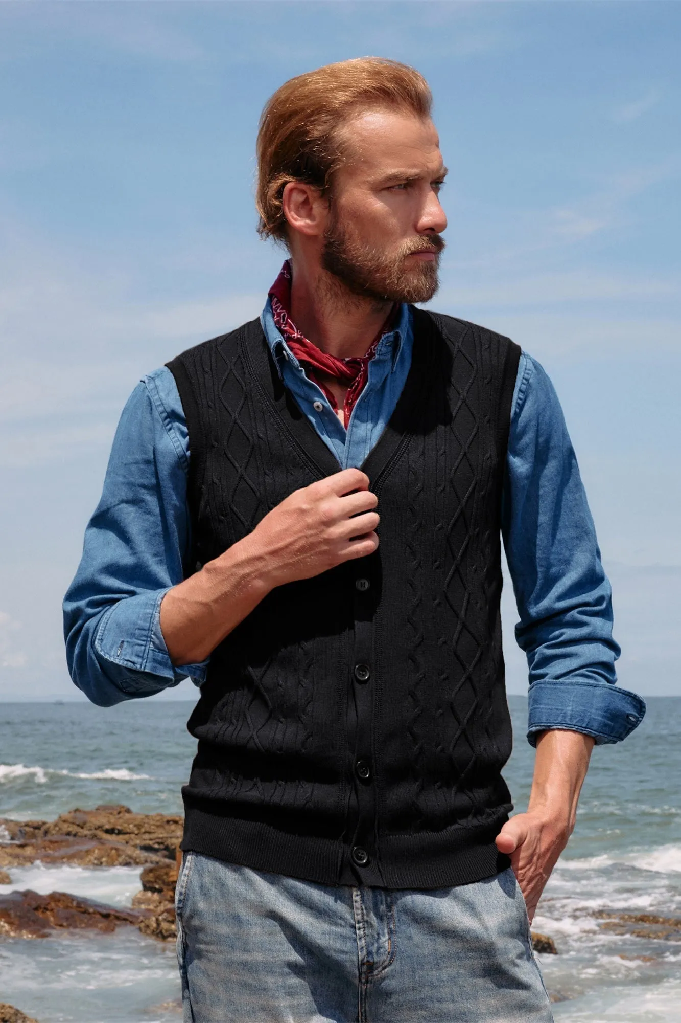 Mens V-Neck Sweater Vest Cable Knitted Button-Up Sleeveless Cardigan Vest