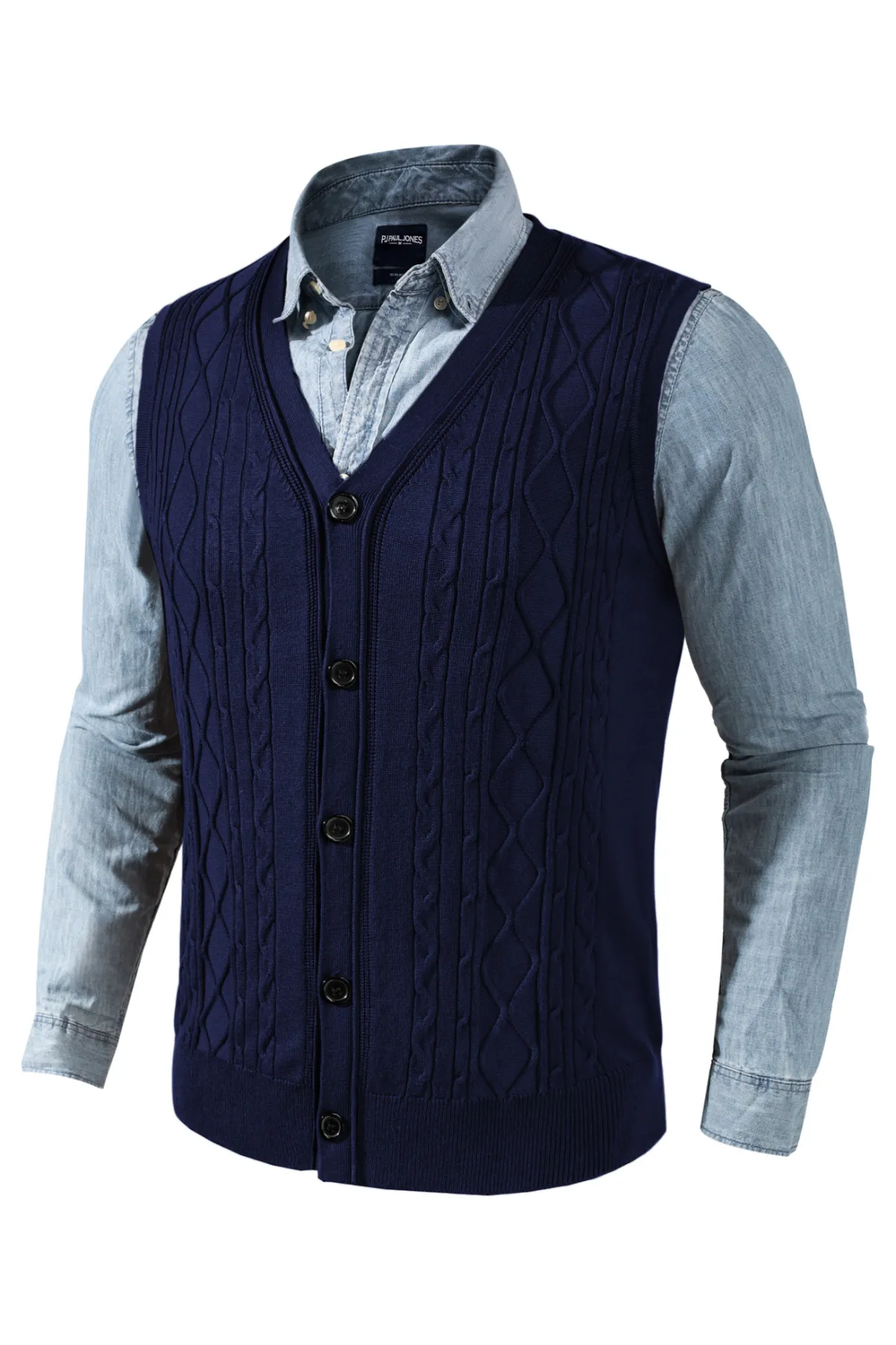 Mens V-Neck Sweater Vest Cable Knitted Button-Up Sleeveless Cardigan Vest