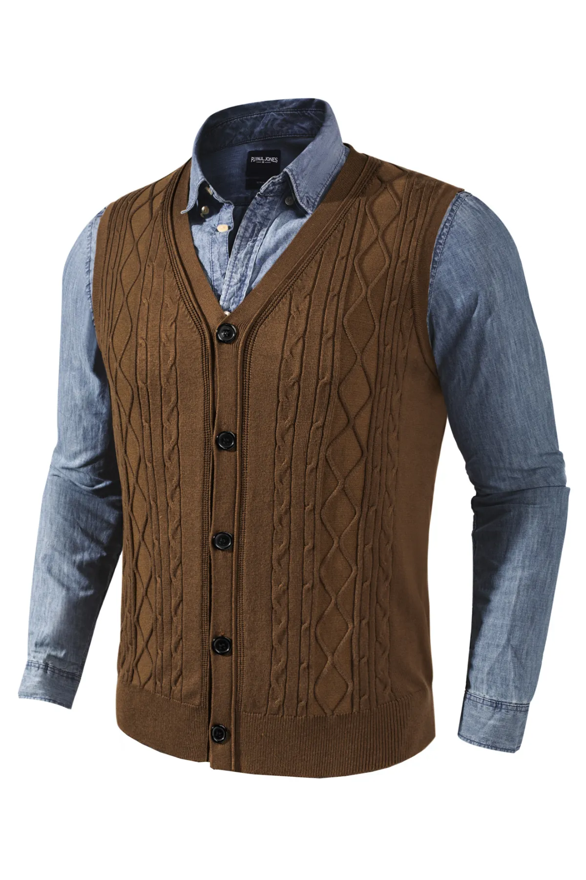 Mens V-Neck Sweater Vest Cable Knitted Button-Up Sleeveless Cardigan Vest