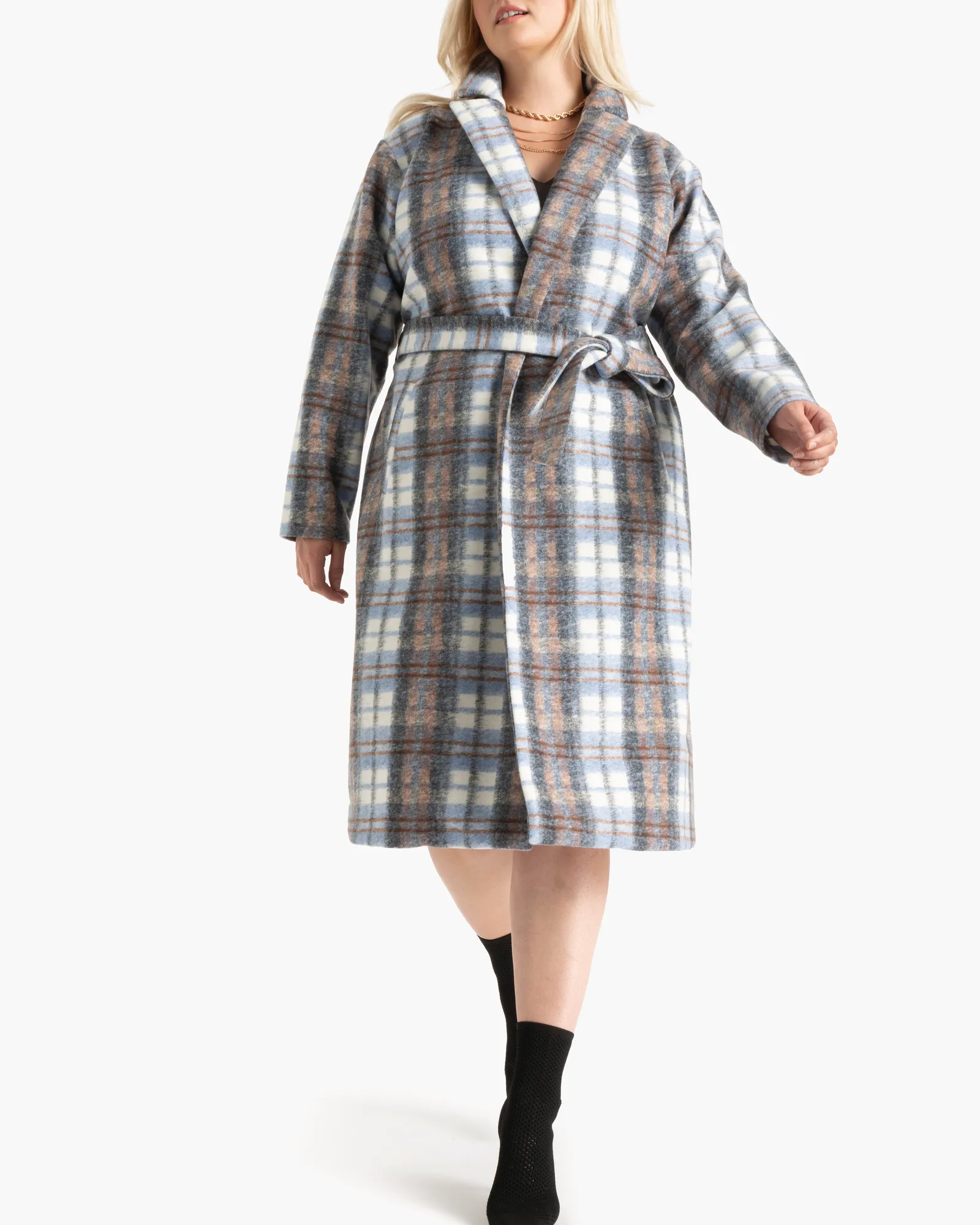 Morgan Plaid Robe Coat | Light Blue / Brown