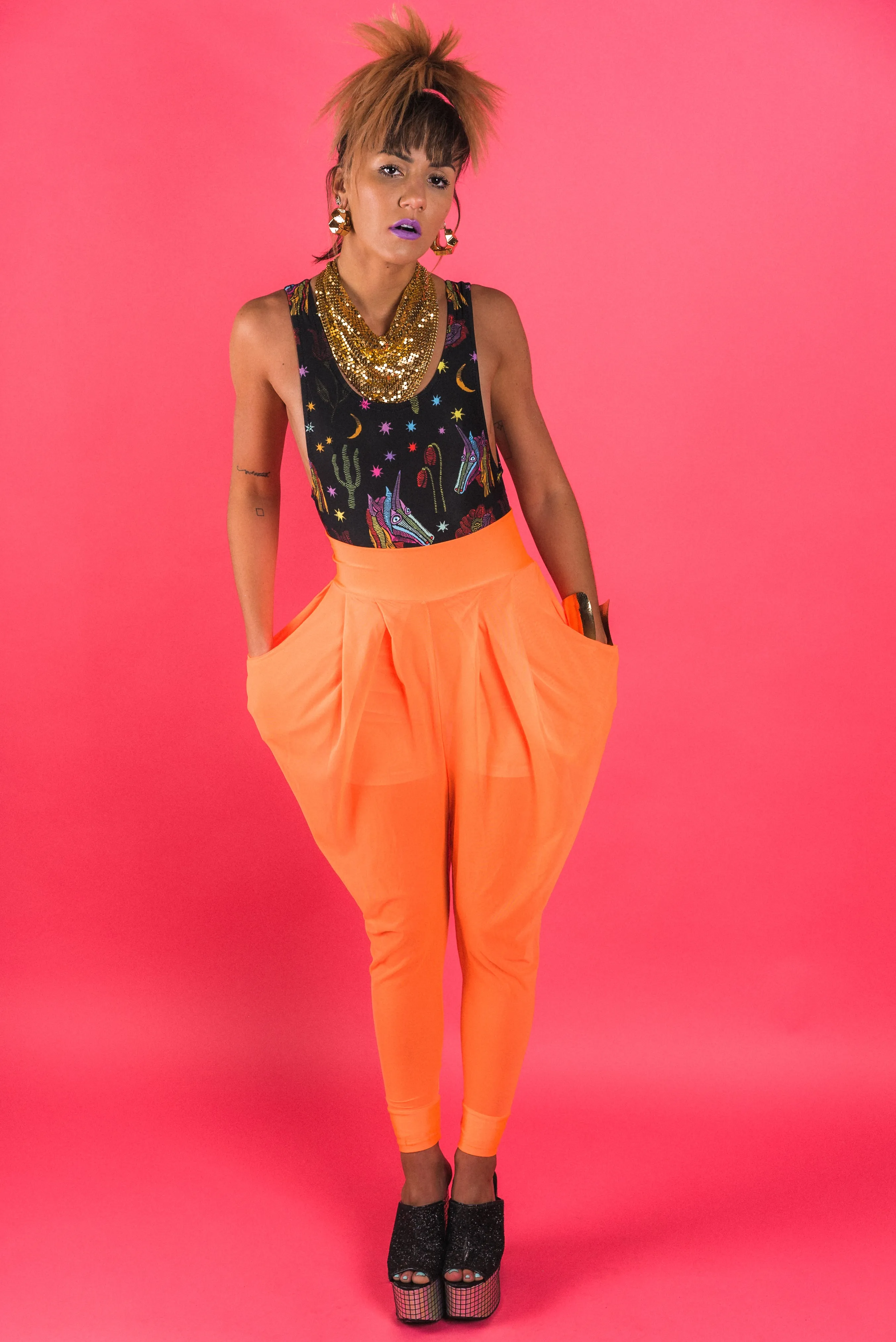 Neon Orange Sheer Harem Pants