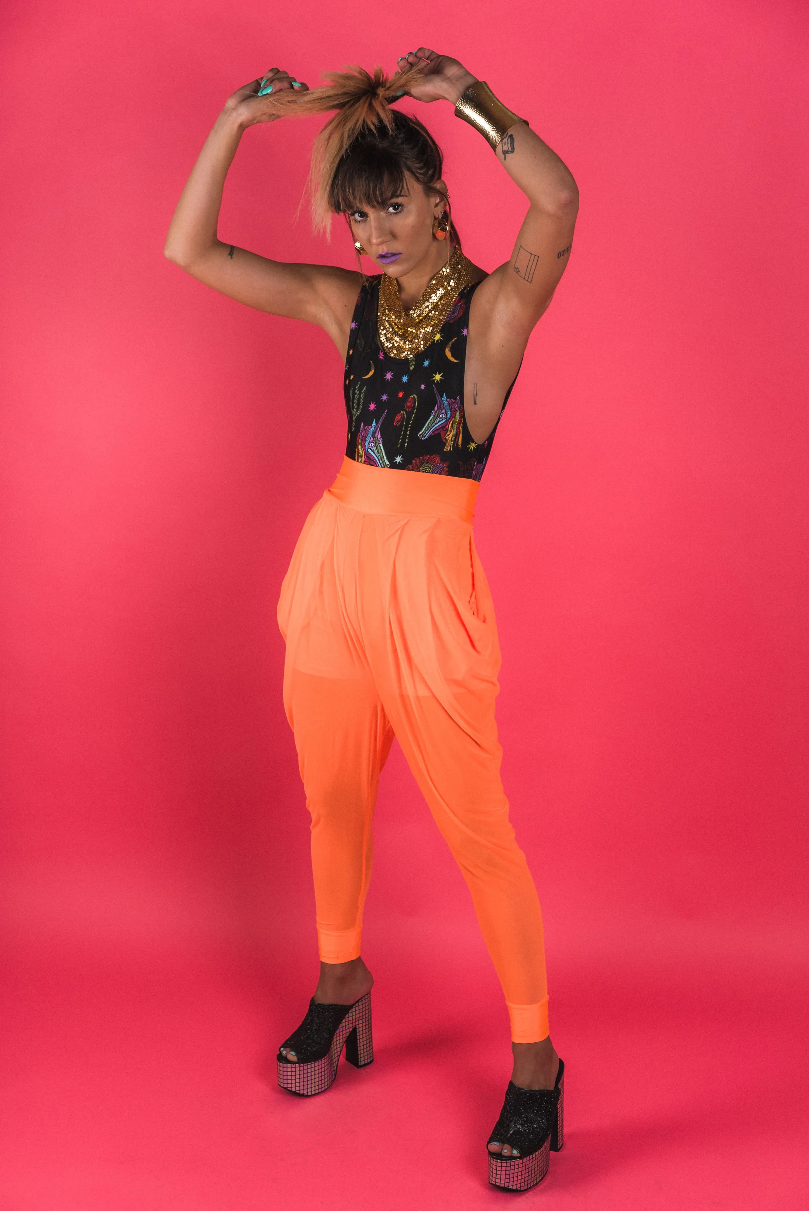 Neon Orange Sheer Harem Pants