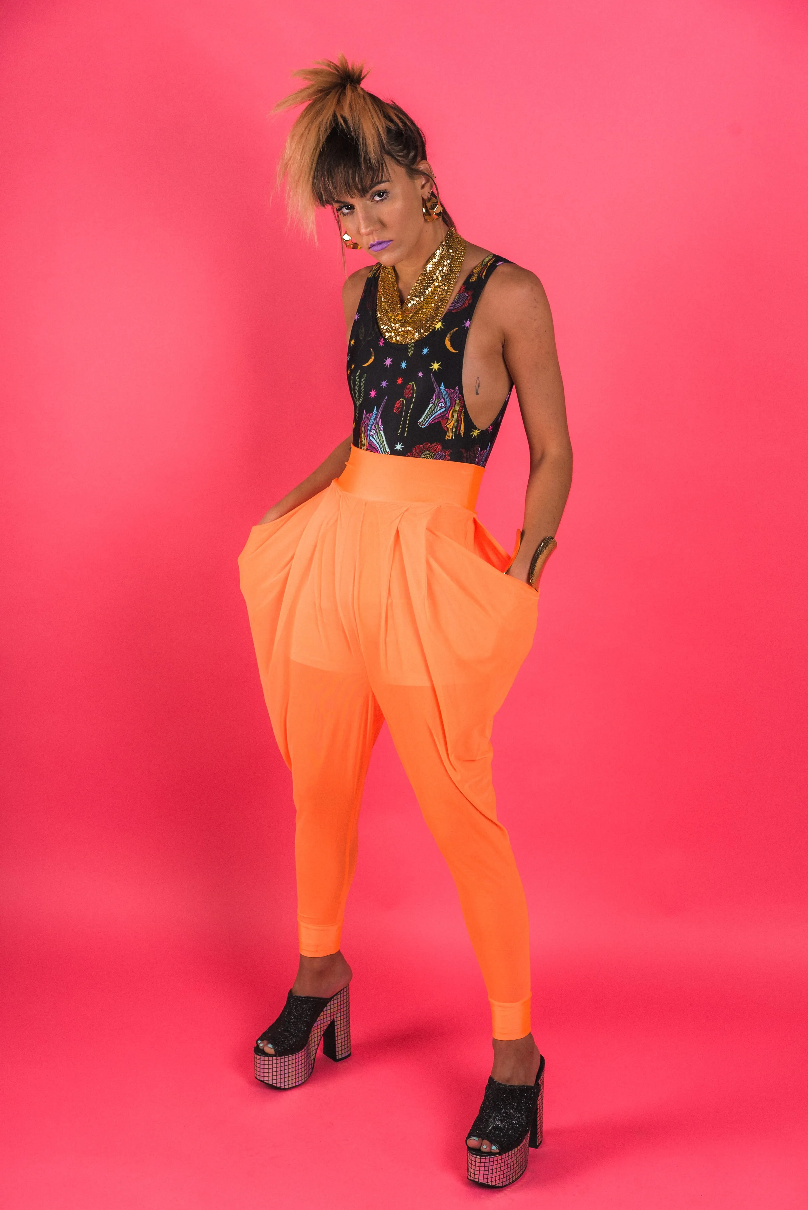 Neon Orange Sheer Harem Pants