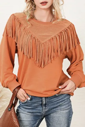 Orange Solid Color Chevron Fringe Loose Pullover Sweatshirt