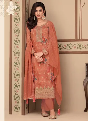 Pastel Orange Embroidery Printed Jacquard Silk Pant Suit