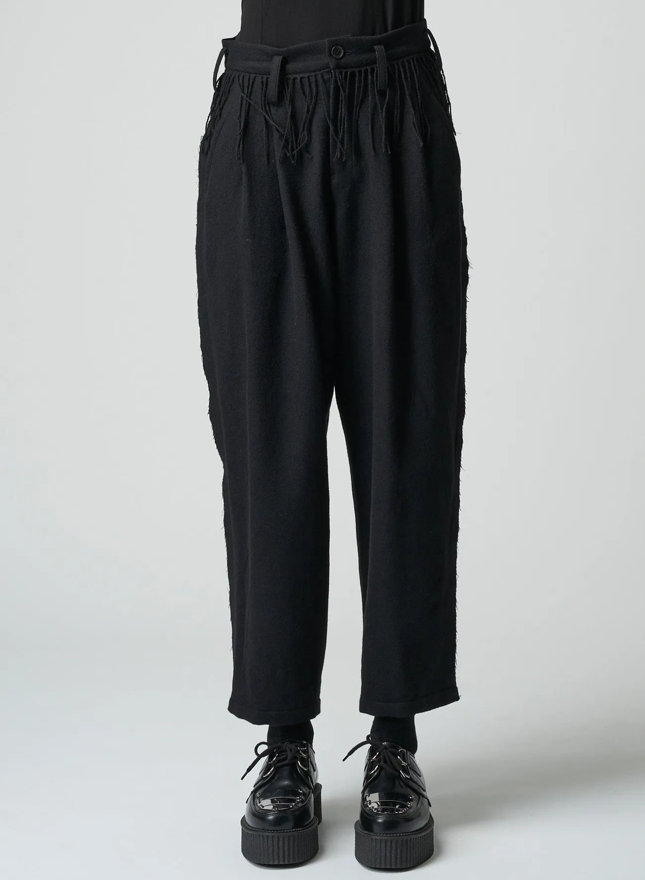 PLEATED SERGE PANTS WITH FRINGE DETAILS