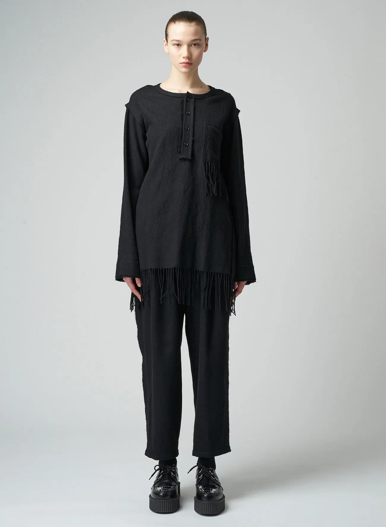 PLEATED SERGE PANTS WITH FRINGE DETAILS