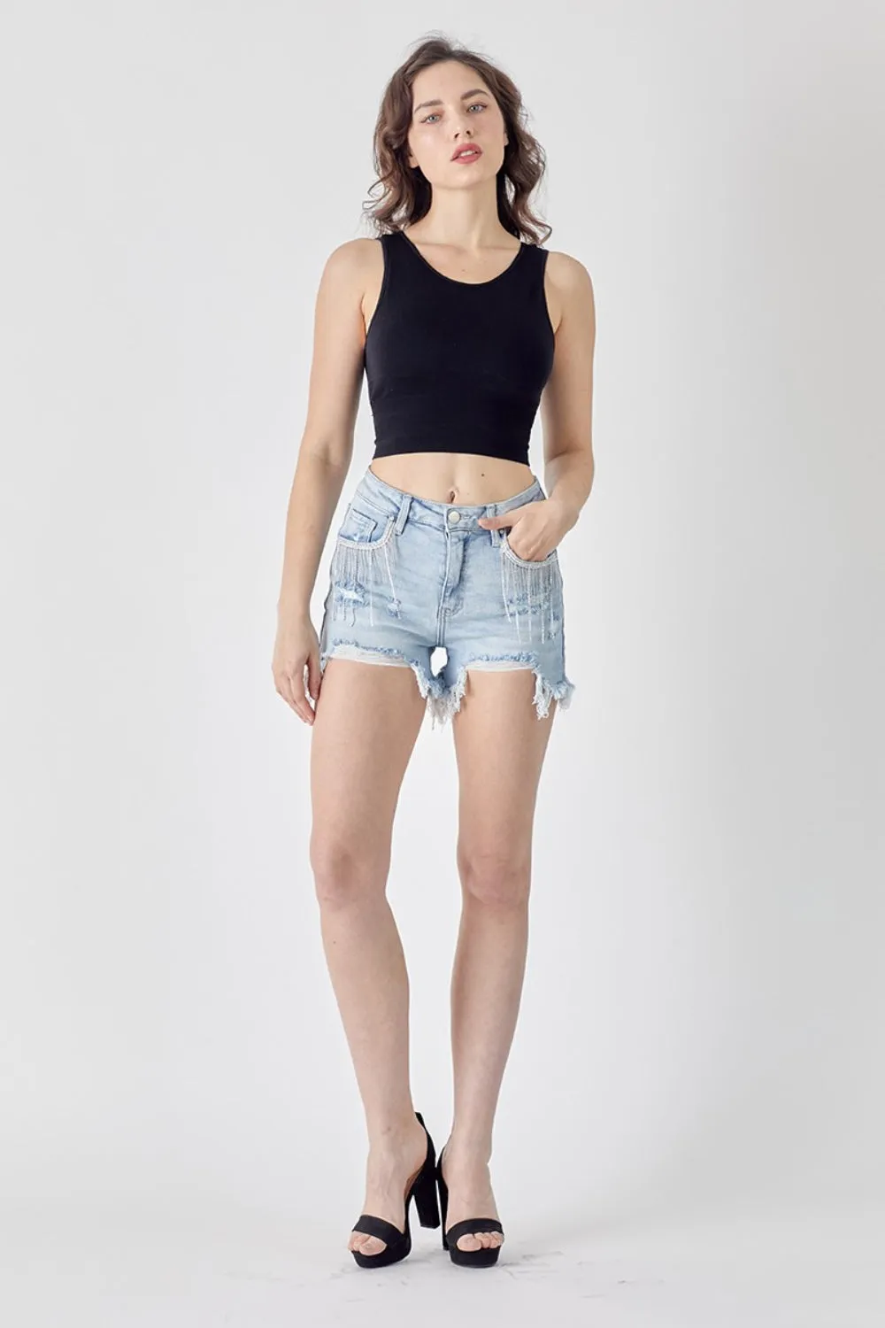 RISEN Frayed Hem Shorts with Fringe Detail