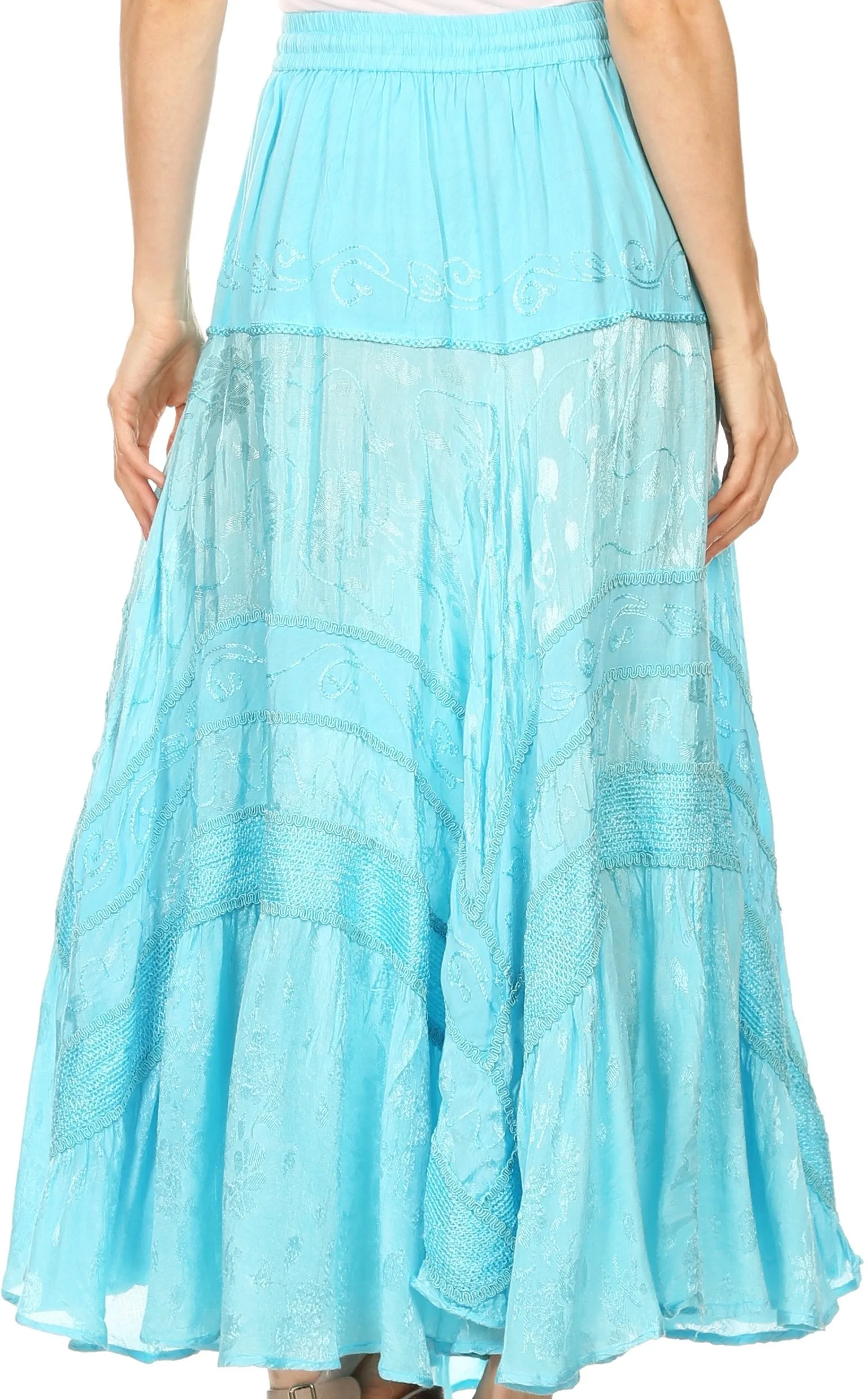 Sakkas Alber Adjustable Waist Boho Skirt With Detailed Embroidery With Ruffle Trim