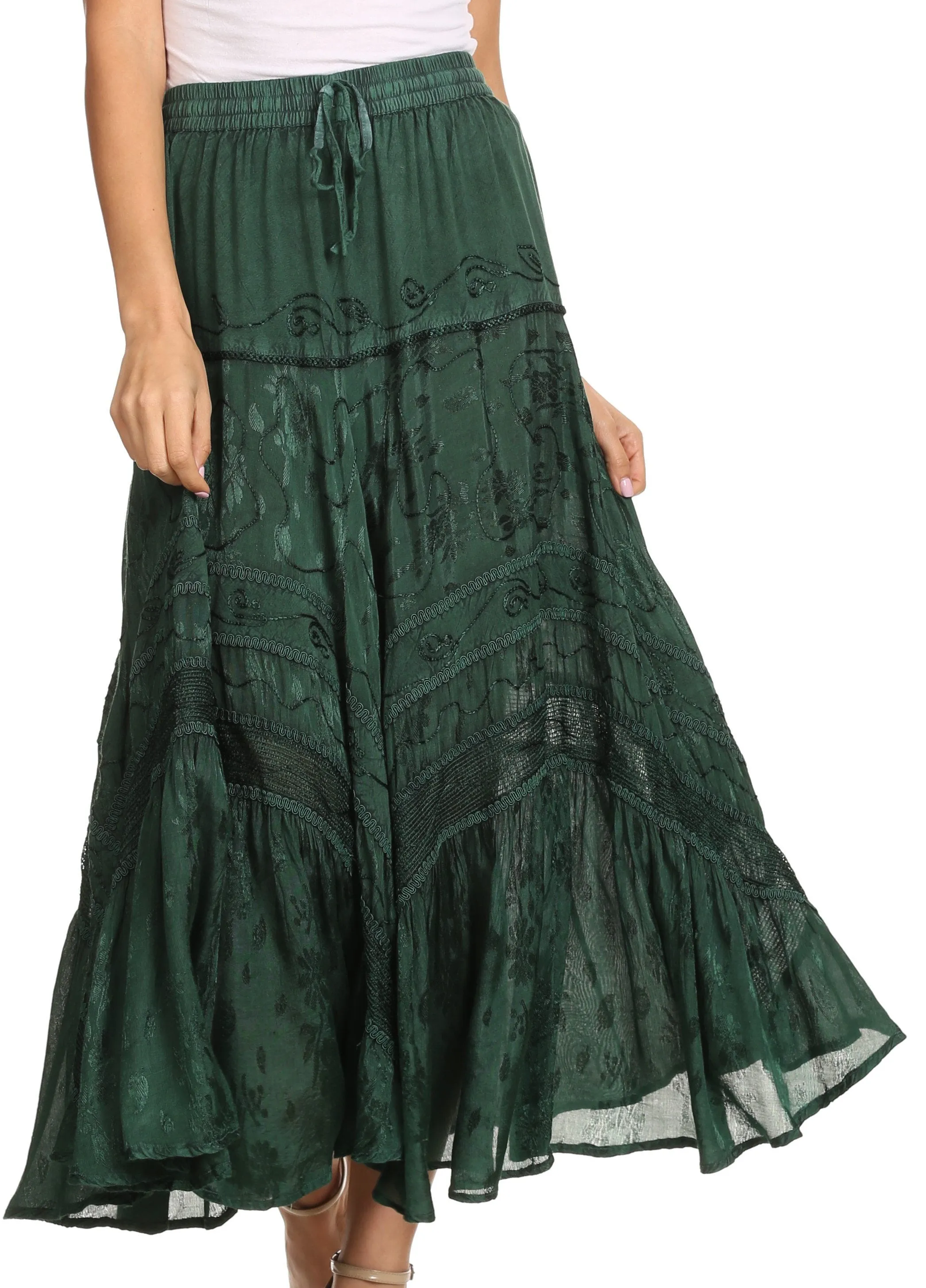 Sakkas Alber Adjustable Waist Boho Skirt With Detailed Embroidery With Ruffle Trim