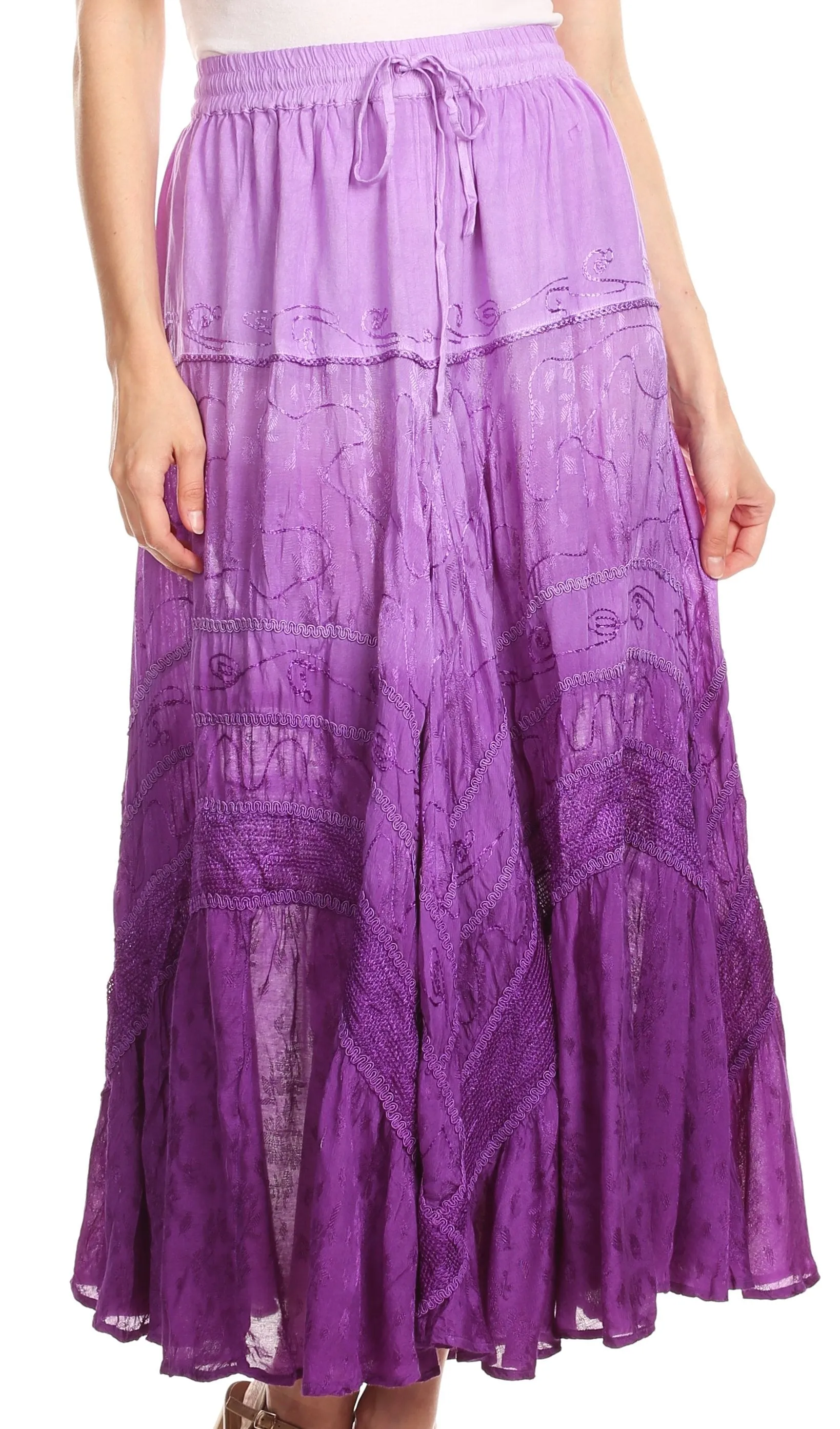 Sakkas Alber Adjustable Waist Boho Skirt With Detailed Embroidery With Ruffle Trim