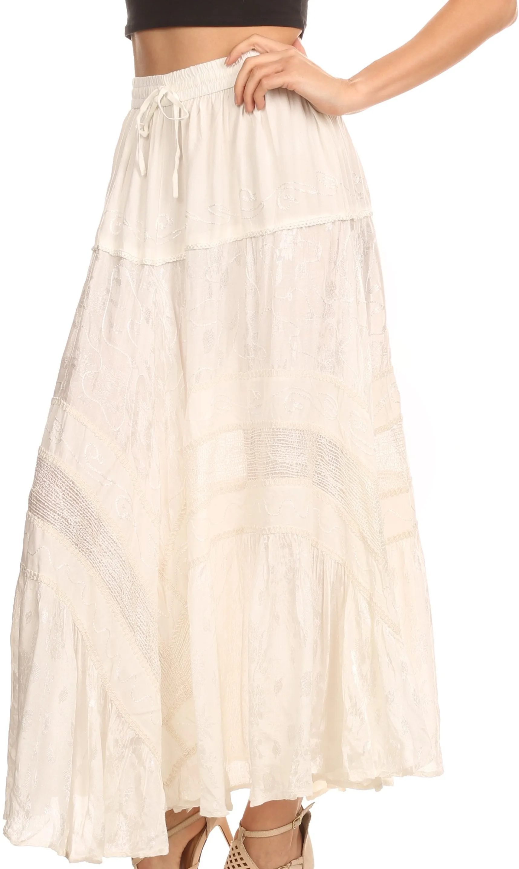 Sakkas Alber Adjustable Waist Boho Skirt With Detailed Embroidery With Ruffle Trim