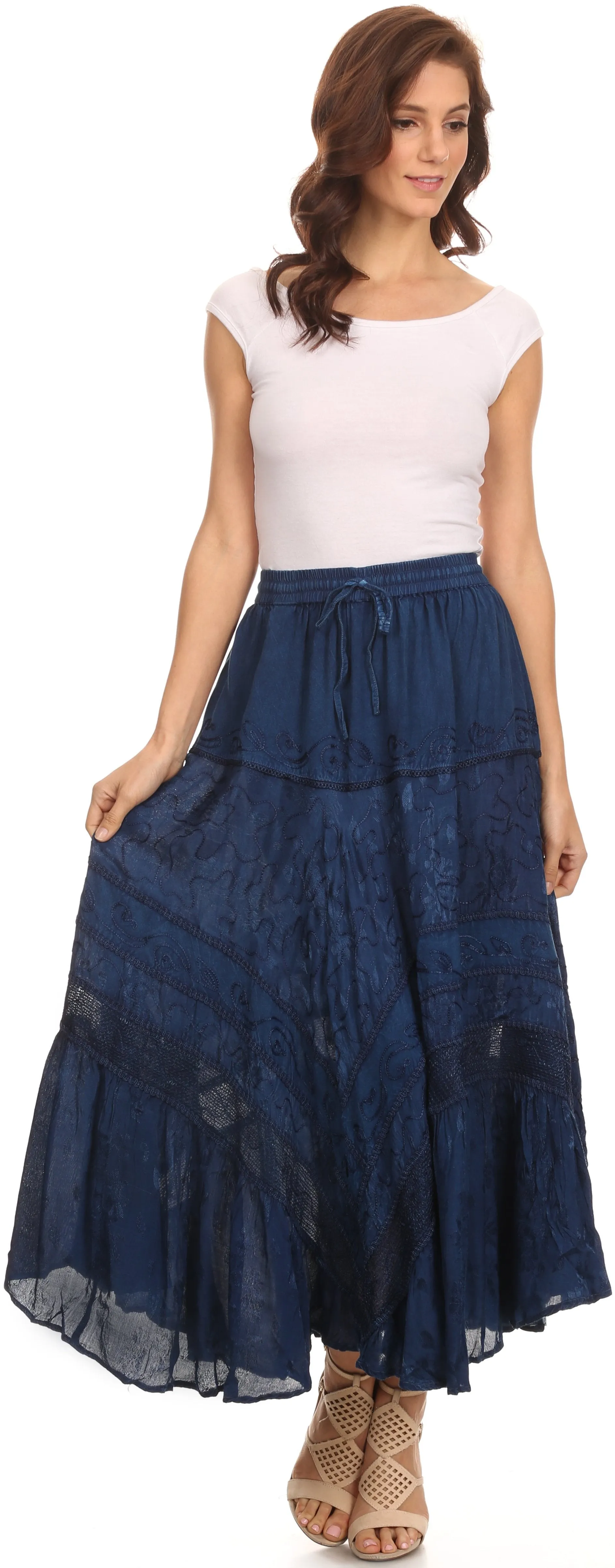 Sakkas Alber Adjustable Waist Boho Skirt With Detailed Embroidery With Ruffle Trim