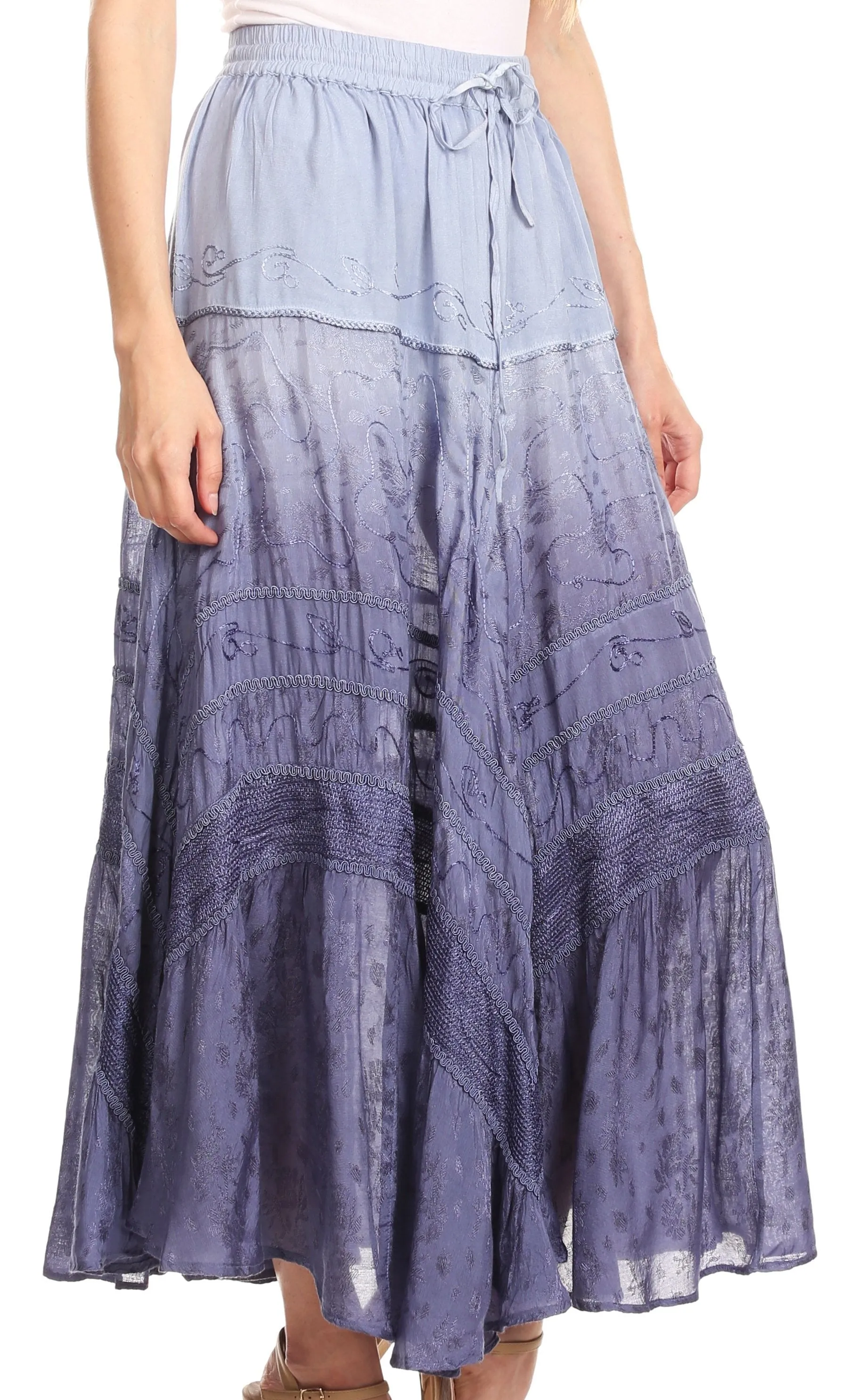 Sakkas Alber Adjustable Waist Boho Skirt With Detailed Embroidery With Ruffle Trim