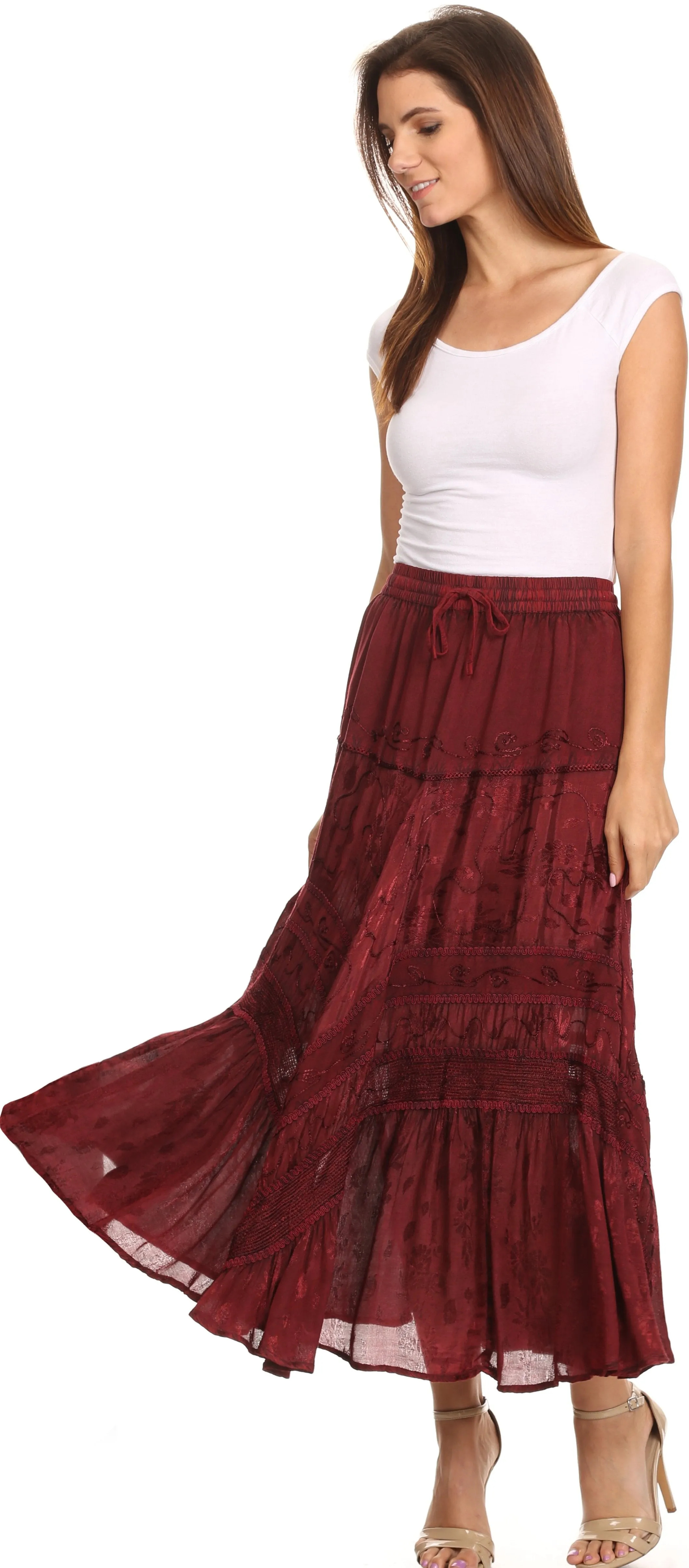 Sakkas Alber Adjustable Waist Boho Skirt With Detailed Embroidery With Ruffle Trim