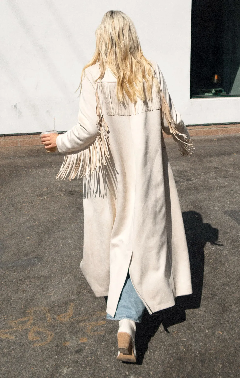 Sierra Fringe Maxi Jacket ~ Cream Faux Suede