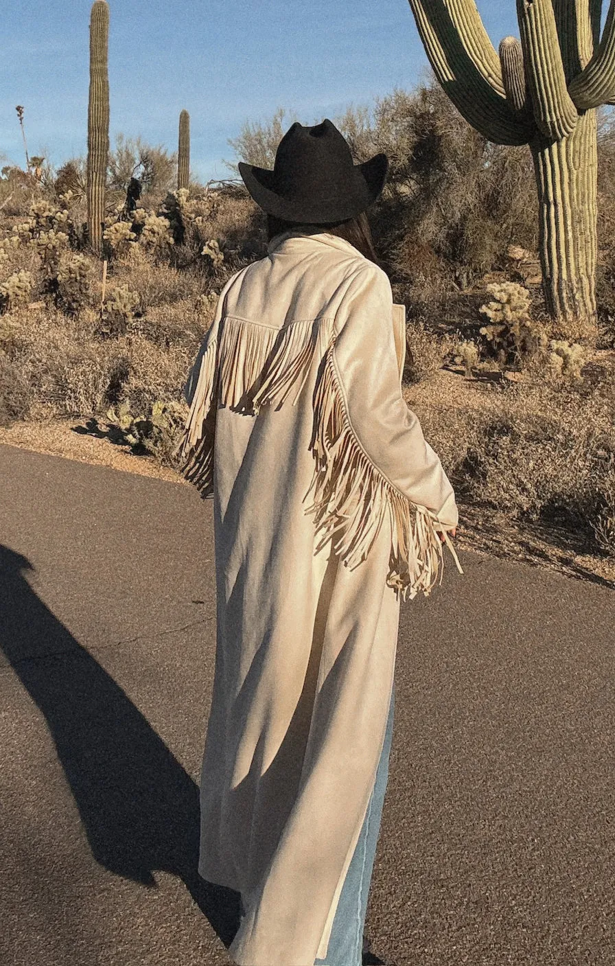 Sierra Fringe Maxi Jacket ~ Cream Faux Suede