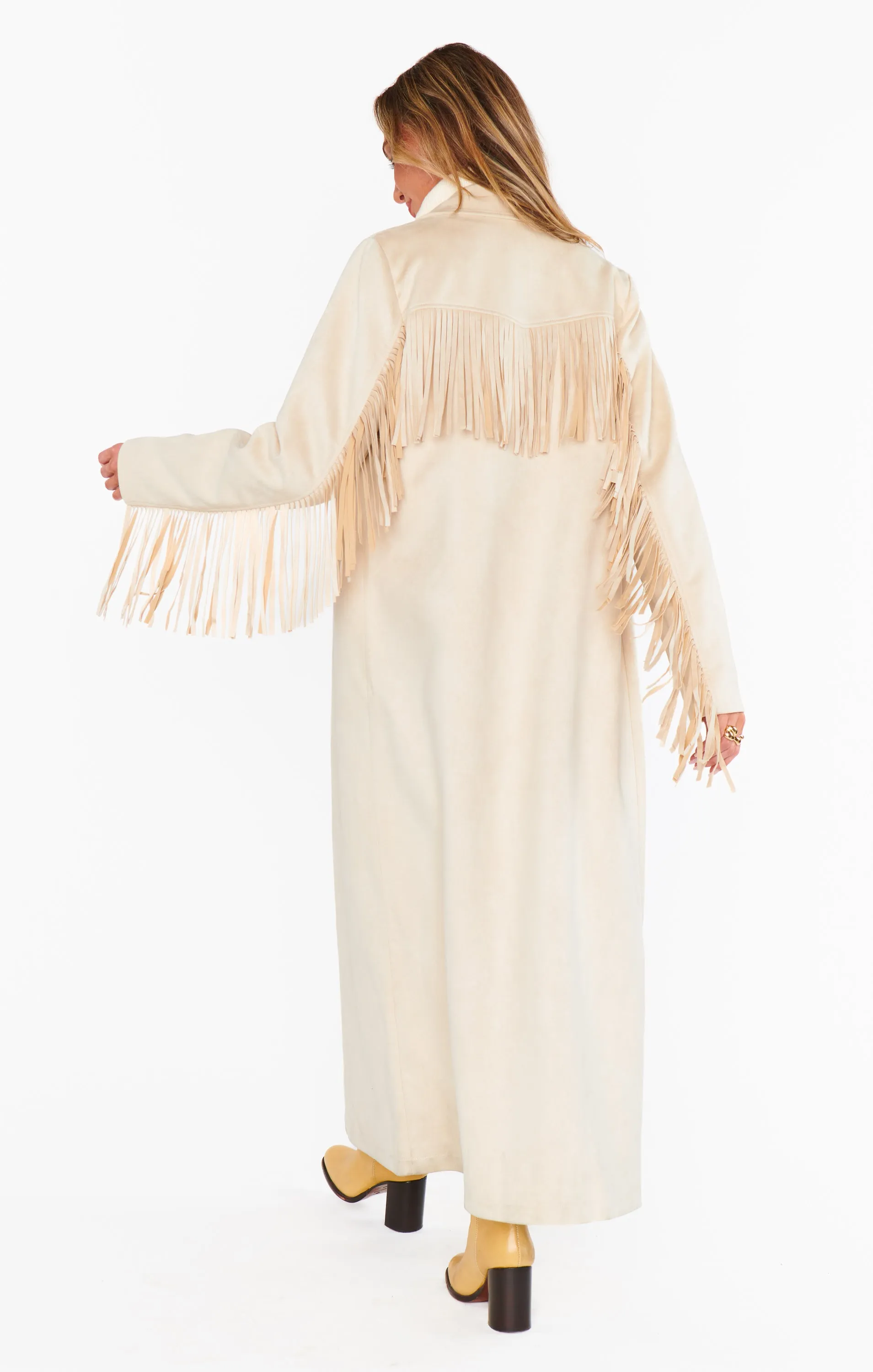 Sierra Fringe Maxi Jacket ~ Cream Faux Suede