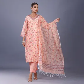 Silk Kurta Set For Women | Kurta, Pant & Dupatta | Printed | Peach