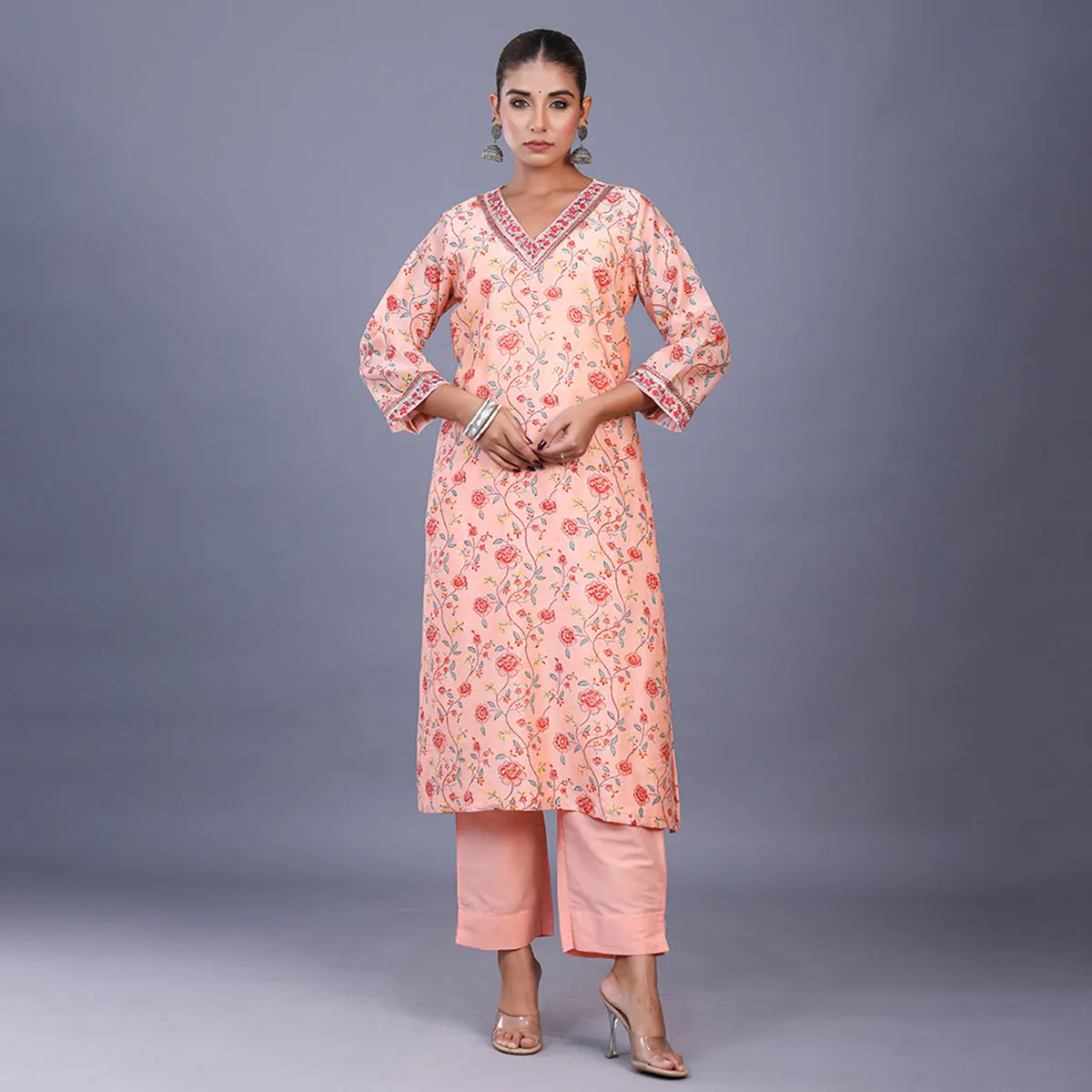 Silk Kurta Set For Women | Kurta, Pant & Dupatta | Printed | Peach