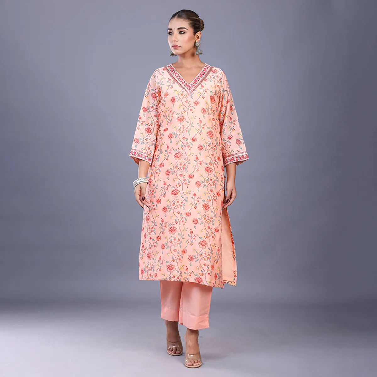 Silk Kurta Set For Women | Kurta, Pant & Dupatta | Printed | Peach