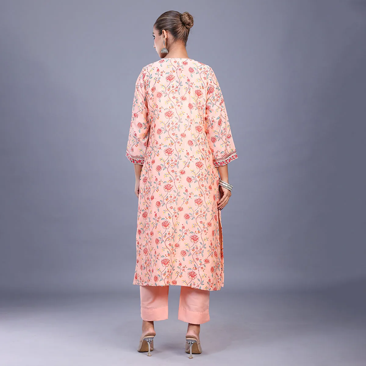 Silk Kurta Set For Women | Kurta, Pant & Dupatta | Printed | Peach