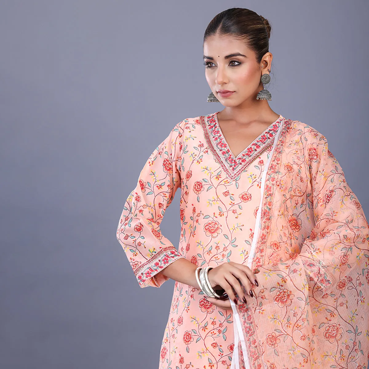 Silk Kurta Set For Women | Kurta, Pant & Dupatta | Printed | Peach