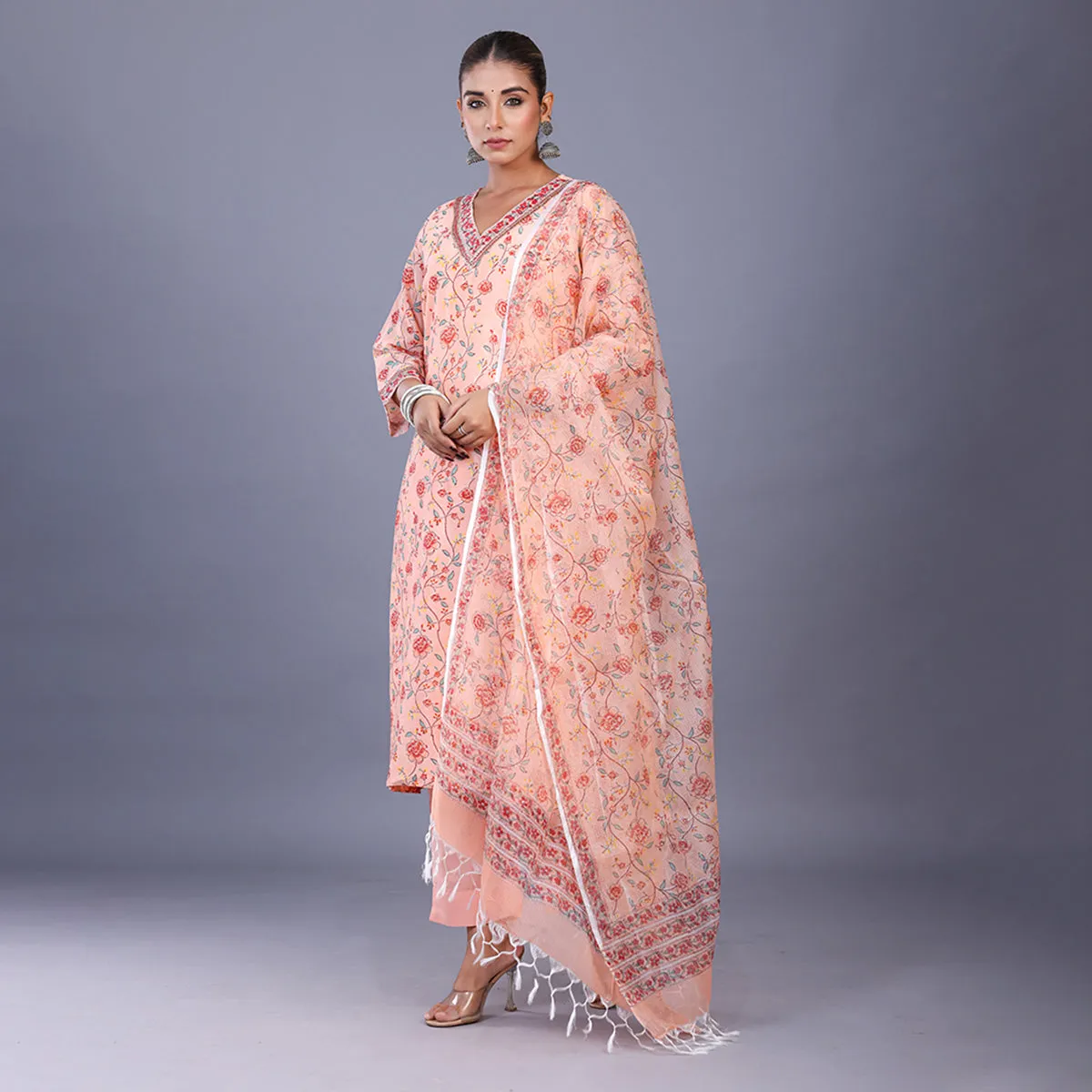 Silk Kurta Set For Women | Kurta, Pant & Dupatta | Printed | Peach