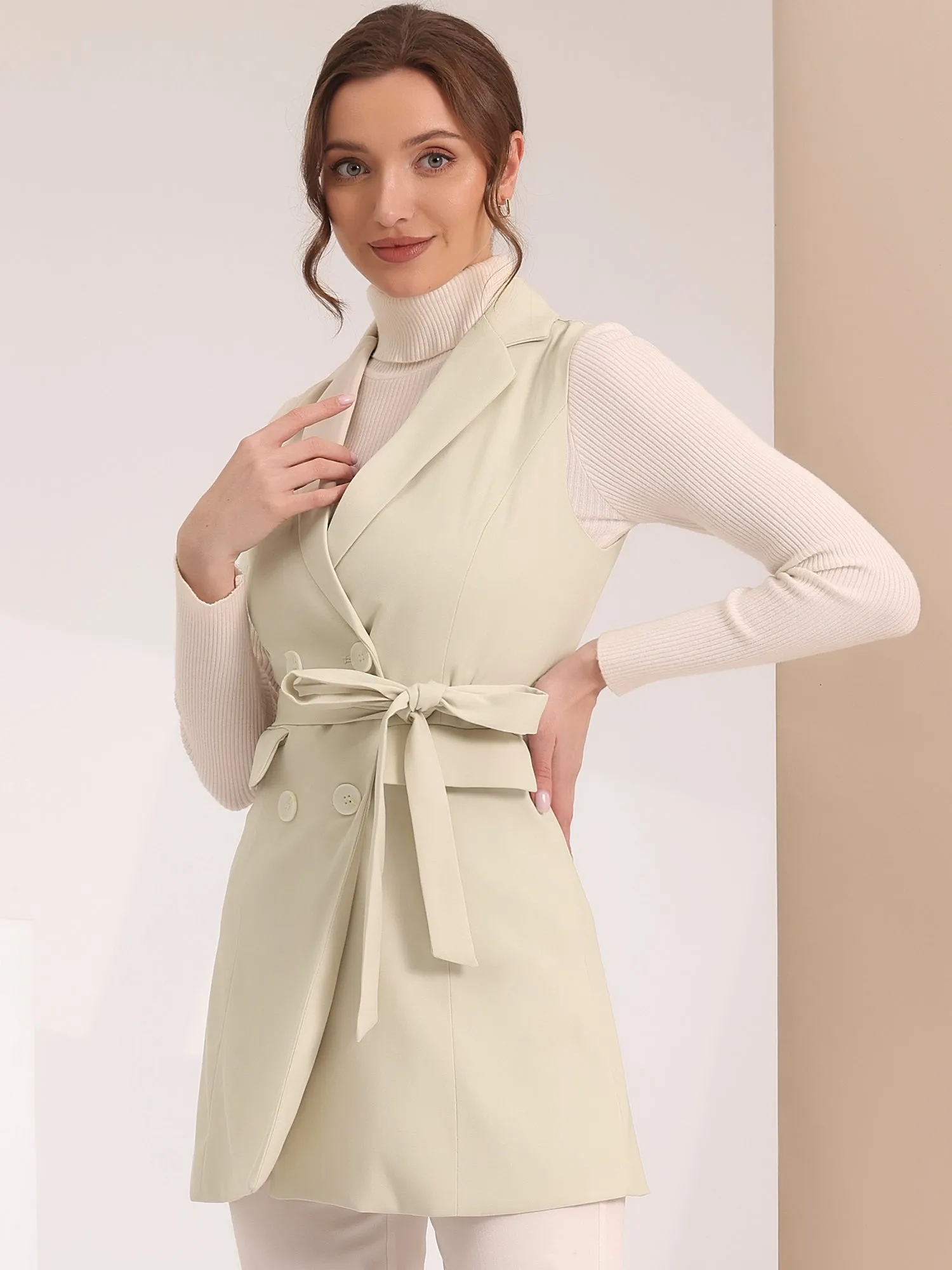 Sleeveless Double Breasted Belt Waist Lightweight Trench Coat Vest