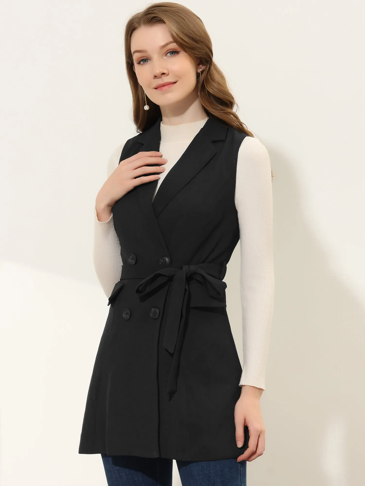 Sleeveless Double Breasted Belt Waist Lightweight Trench Coat Vest