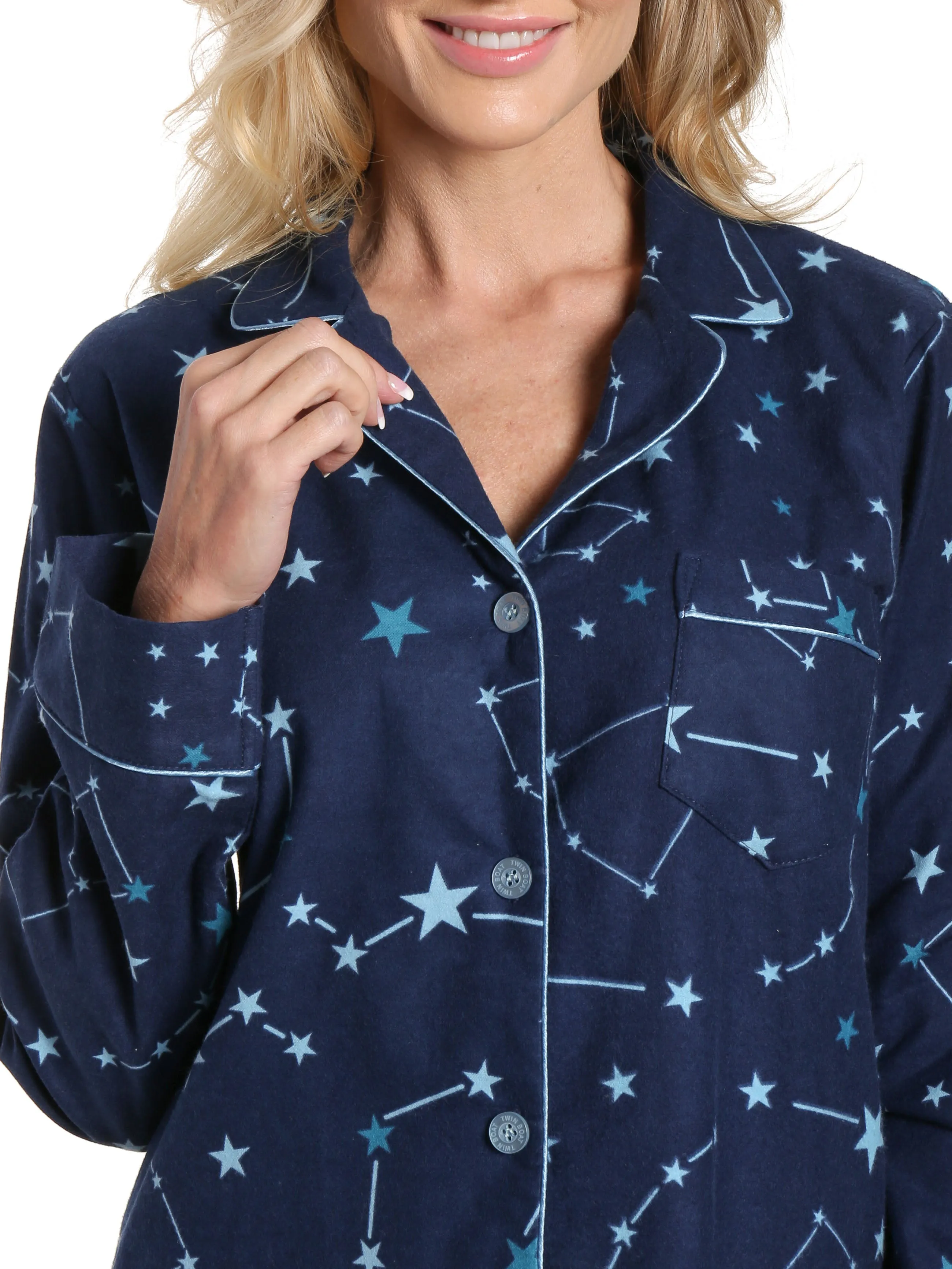 Women's 100% Cotton Flannel Pajama Sleepwear Set - Constellations Blue