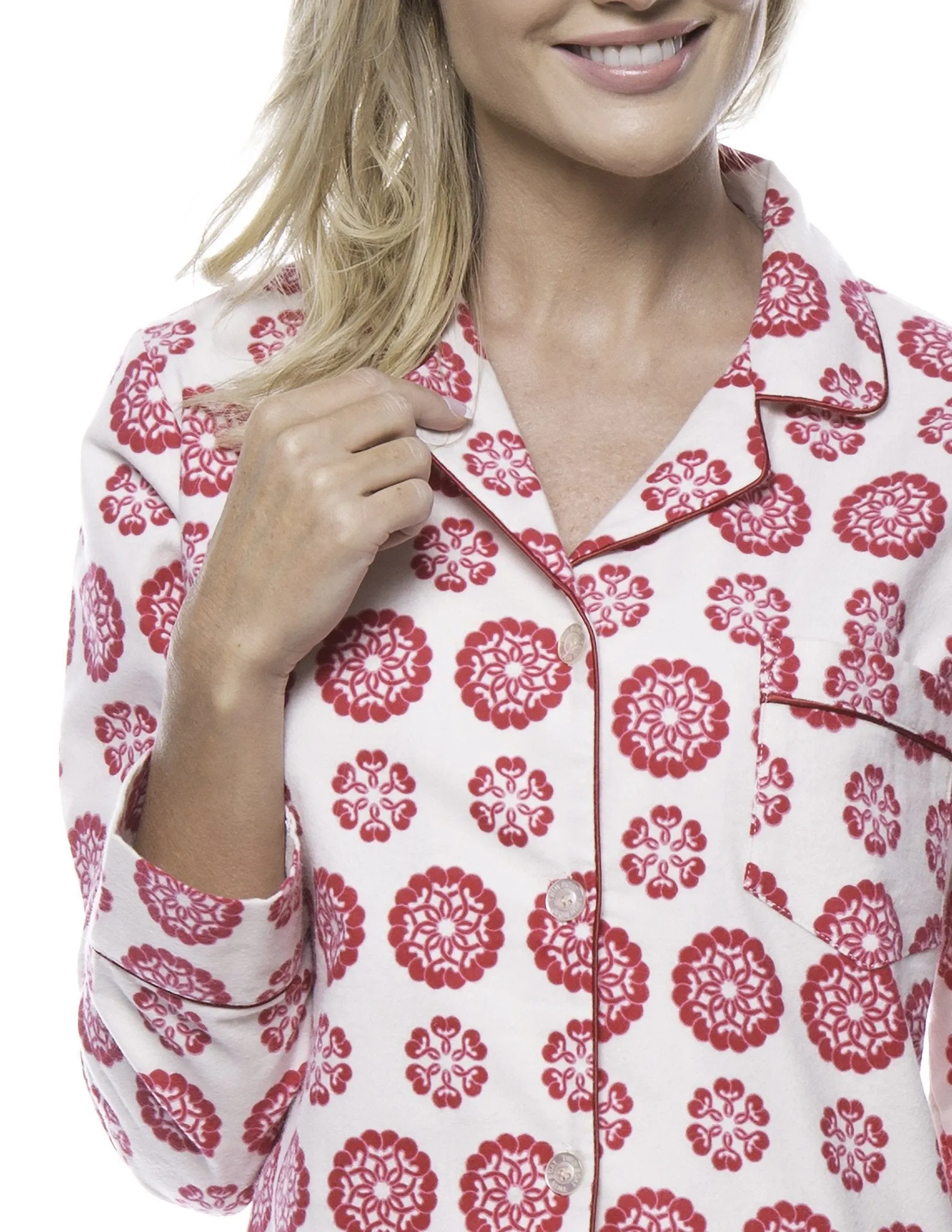 Women's 100% Cotton Flannel Pajama Sleepwear Set - Mandala Cream/Red