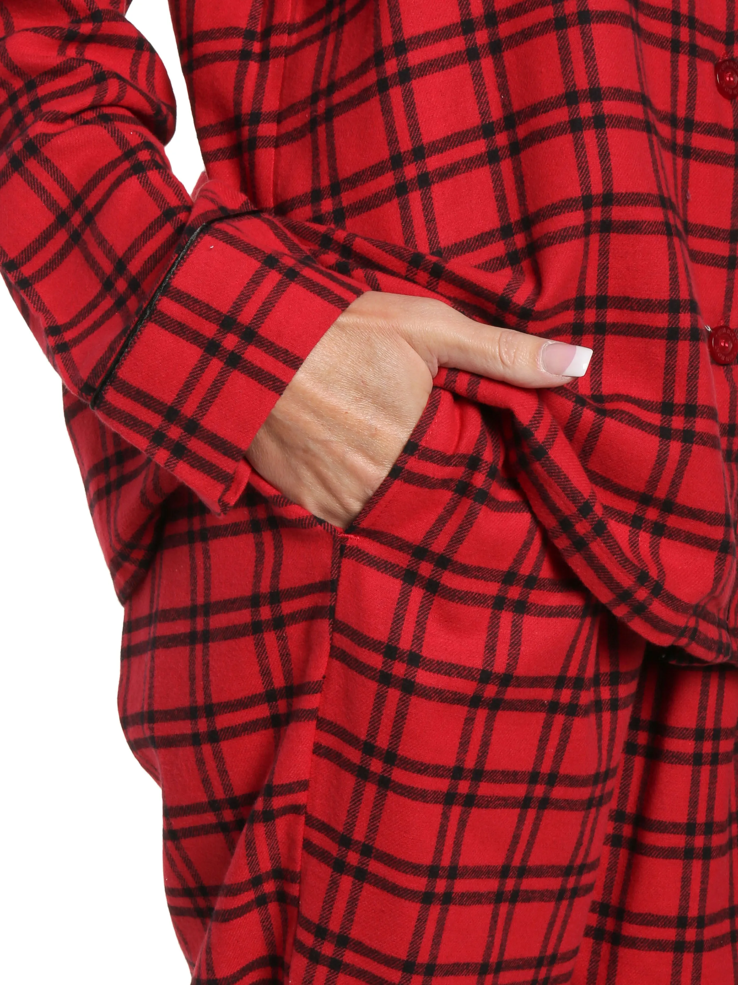 Womens 100% Cotton Lightweight Flannel Pajama Sleepwear Set - Checks Red-Black