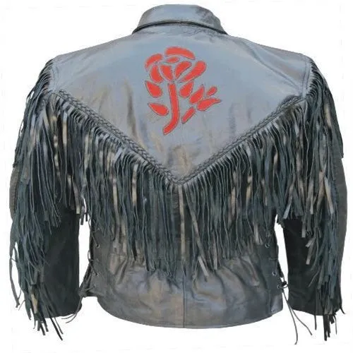 Women's Black Fringed Leather Motorcycle Jacket with Red Rose